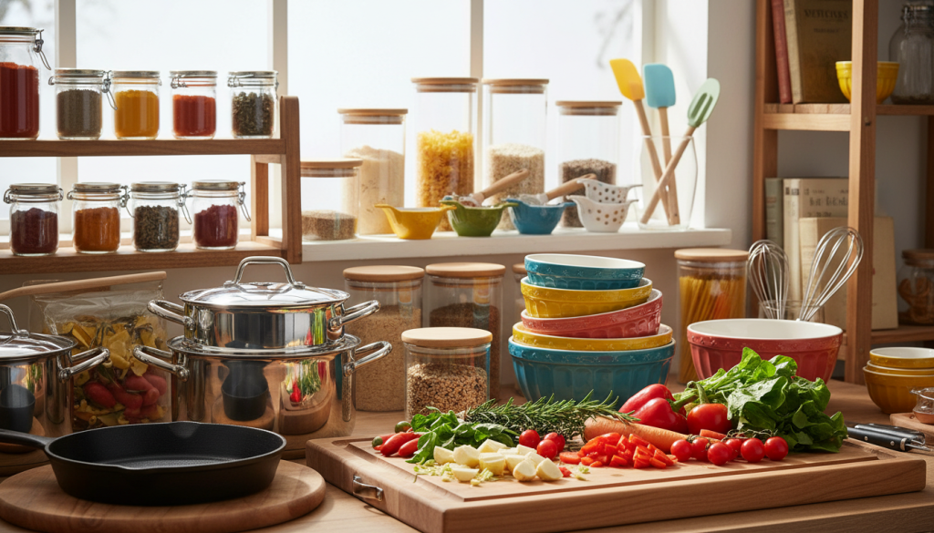 A beautifully arranged kitchen products display, showcasing a variety of kitchenware such as pots, pans, utensils, and storage containers. In the foreground, a wooden cutting board holds fresh vegetables and herbs, creating an inviting cooking atmosphere. The middle section features an aesthetically pleasing array of colorful kitchen gadgets like measuring cups, spatulas, and mixing bowls, neatly organized. The background includes a softly lit kitchen with open shelves displaying jars of spices and cookbooks, adding warmth to the scene. The lighting is bright and natural, mimicking daylight streaming through a window, enhancing the vibrant colors of the products. The overall mood is cheerful and inspiring, encouraging viewers to explore the possibilities of batch cooking. A beautifully arranged kitchen products display, showcasing a variety of kitchenware such as pots, pans, utensils, and storage containers. In the foreground, a wooden cutting board holds fresh vegetables and herbs, creating an inviting cooking atmosphere. The middle section features an aesthetically pleasing array of colorful kitchen gadgets like measuring cups, spatulas, and mixing bowls, neatly organized. The background includes a softly lit kitchen with open shelves displaying jars of spices and cookbooks, adding warmth to the scene. The lighting is bright and natural, mimicking daylight streaming through a window, enhancing the vibrant colors of the products. The overall mood is cheerful and inspiring, encouraging viewers to explore the possibilities of batch cooking.