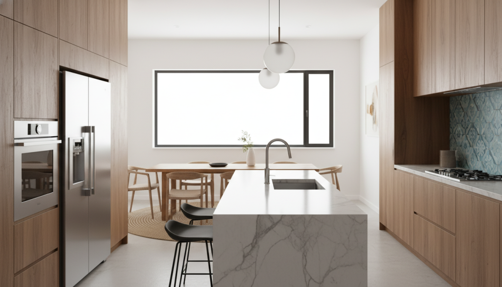 A modern kitchen designed for efficiency and functionality, showcasing optimal layout and materials. In the foreground, sleek kitchen appliances in stainless steel, with a spacious island featuring a durable, natural stone countertop. The middle layer displays organized cabinetry in warm wood tones, harmonizing with vibrant tile backsplashes. A bright, airy atmosphere with soft natural lighting filtering through a large window, casting gentle shadows. In the background, a thoughtfully arranged dining area with a wooden table and stylish chairs, emphasizing a seamless flow between cooking and dining spaces. The overall mood conveys a blend of modern elegance and practicality, ideal for home cooking enthusiasts, without any text or distractions. A modern kitchen designed for efficiency and functionality, showcasing optimal layout and materials. In the foreground, sleek kitchen appliances in stainless steel, with a spacious island featuring a durable, natural stone countertop. The middle layer displays organized cabinetry in warm wood tones, harmonizing with vibrant tile backsplashes. A bright, airy atmosphere with soft natural lighting filtering through a large window, casting gentle shadows. In the background, a thoughtfully arranged dining area with a wooden table and stylish chairs, emphasizing a seamless flow between cooking and dining spaces. The overall mood conveys a blend of modern elegance and practicality, ideal for home cooking enthusiasts, without any text or distractions.