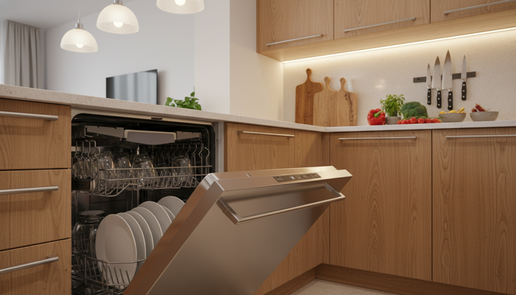 A modern kitchen featuring a sleek, stainless steel dishwasher prominently displayed in the foreground. The dishwasher door is partially ajar, showcasing clean and shiny dishes stacked inside. In the middle ground, a tidy countertop is adorned with essential Mise en Place items like neatly arranged cutting boards, sharp knives, and fresh vegetables, emphasizing the preparation aspect. The background depicts warm wooden cabinetry and soft, ambient lighting that creates a welcoming atmosphere. The scene is captured at a slight angle to highlight the dishwasher’s functionality and blend it seamlessly into the kitchen environment. The overall mood is one of cleanliness and organization, reflecting the efficiency of post-Mise en Place routines in home cooking. A modern kitchen featuring a sleek, stainless steel dishwasher prominently displayed in the foreground. The dishwasher door is partially ajar, showcasing clean and shiny dishes stacked inside. In the middle ground, a tidy countertop is adorned with essential Mise en Place items like neatly arranged cutting boards, sharp knives, and fresh vegetables, emphasizing the preparation aspect. The background depicts warm wooden cabinetry and soft, ambient lighting that creates a welcoming atmosphere. The scene is captured at a slight angle to highlight the dishwasher’s functionality and blend it seamlessly into the kitchen environment. The overall mood is one of cleanliness and organization, reflecting the efficiency of post-Mise en Place routines in home cooking.