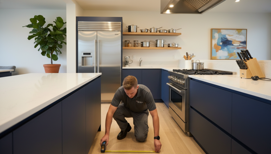 A professional kitchen installation scene, focusing on an organized and well-lit space. In the foreground, there is a technician in a smart uniform, expertly measuring a sleek countertop with high-quality tools. In the middle, a modern kitchen layout featuring stainless steel appliances, pristine cabinets, and a well-arranged cooking area with essential utensils placed for optimal efficiency. The background shows a subtle glimpse of home décor, perhaps a decorative plant or wall art, adding warmth to the environment. Soft, warm lighting enhances the inviting atmosphere, capturing a sense of readiness and professionalism. The scene conveys the importance of preparation and service in kitchen installations, emphasizing functionality and aesthetics without any distractions. A professional kitchen installation scene, focusing on an organized and well-lit space. In the foreground, there is a technician in a smart uniform, expertly measuring a sleek countertop with high-quality tools. In the middle, a modern kitchen layout featuring stainless steel appliances, pristine cabinets, and a well-arranged cooking area with essential utensils placed for optimal efficiency. The background shows a subtle glimpse of home décor, perhaps a decorative plant or wall art, adding warmth to the environment. Soft, warm lighting enhances the inviting atmosphere, capturing a sense of readiness and professionalism. The scene conveys the importance of preparation and service in kitchen installations, emphasizing functionality and aesthetics without any distractions.