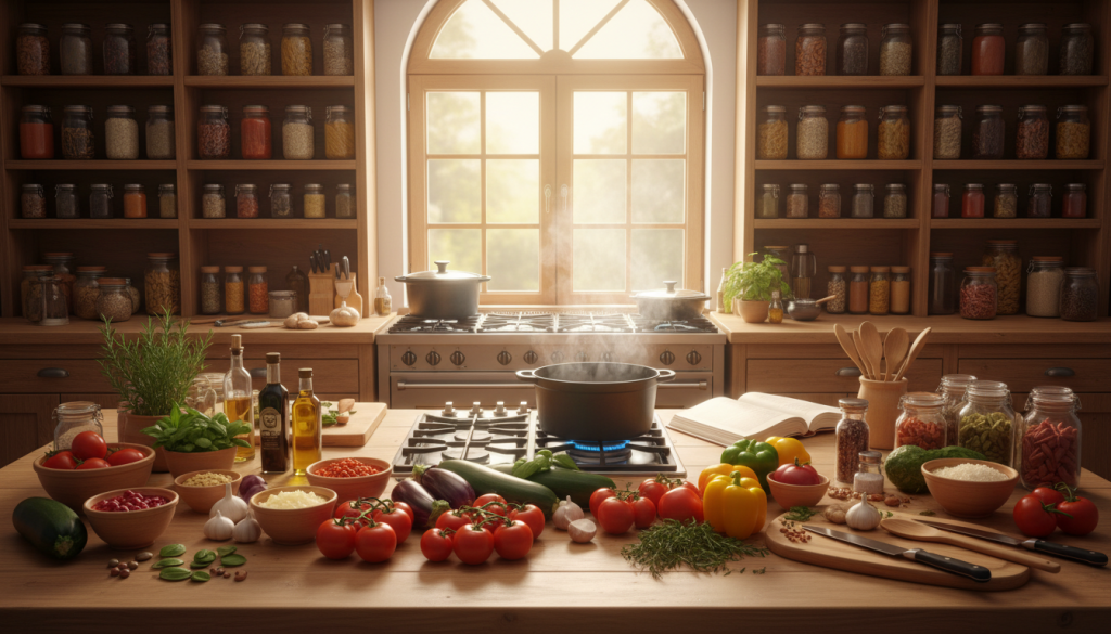 A spacious kitchen mesón filled with fresh ingredients and cooking tools, showcasing a wooden counter in the foreground adorned with vibrant vegetables, herbs, and neatly arranged containers. In the middle, there’s a large cooking pot bubbling on a stove, and an inviting aroma wafts through the air. The background features shelves lined with glass jars filled with grains and spices, and a window letting in warm, natural light that illuminates the scene. The atmosphere is organized yet homey, symbolizing a productive cooking space. The composition captures a sense of efficiency intertwined with comfort, ideal for batch cooking. The camera angle is slightly elevated to encompass the entire setup, using soft, diffused lighting to enhance the inviting mood. A spacious kitchen mesón filled with fresh ingredients and cooking tools, showcasing a wooden counter in the foreground adorned with vibrant vegetables, herbs, and neatly arranged containers. In the middle, there’s a large cooking pot bubbling on a stove, and an inviting aroma wafts through the air. The background features shelves lined with glass jars filled with grains and spices, and a window letting in warm, natural light that illuminates the scene. The atmosphere is organized yet homey, symbolizing a productive cooking space. The composition captures a sense of efficiency intertwined with comfort, ideal for batch cooking. The camera angle is slightly elevated to encompass the entire setup, using soft, diffused lighting to enhance the inviting mood.