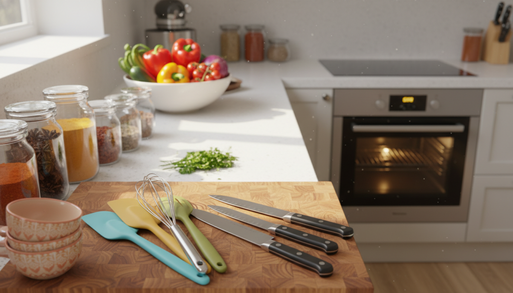 An inviting kitchen countertop scene featuring a variety of essential cooking accessories. In the foreground, there are colorful silicone utensils, measuring cups, and a set of sharp, stylish knives arranged neatly on a cutting board. The middle background showcases attractive glass jars filled with spices and vibrant fresh vegetables, enhancing the cooking atmosphere. In the back, a cozy stove with a subtle glow from the oven light adds warmth to the setting. Soft, natural light filters in from a nearby window, creating a bright and cheerful mood. The camera angle is slightly tilted down to capture the details of the countertop. Overall, the image evokes a sense of creativity and joy in cooking with modern tools that complement the experience. An inviting kitchen countertop scene featuring a variety of essential cooking accessories. In the foreground, there are colorful silicone utensils, measuring cups, and a set of sharp, stylish knives arranged neatly on a cutting board. The middle background showcases attractive glass jars filled with spices and vibrant fresh vegetables, enhancing the cooking atmosphere. In the back, a cozy stove with a subtle glow from the oven light adds warmth to the setting. Soft, natural light filters in from a nearby window, creating a bright and cheerful mood. The camera angle is slightly tilted down to capture the details of the countertop. Overall, the image evokes a sense of creativity and joy in cooking with modern tools that complement the experience.